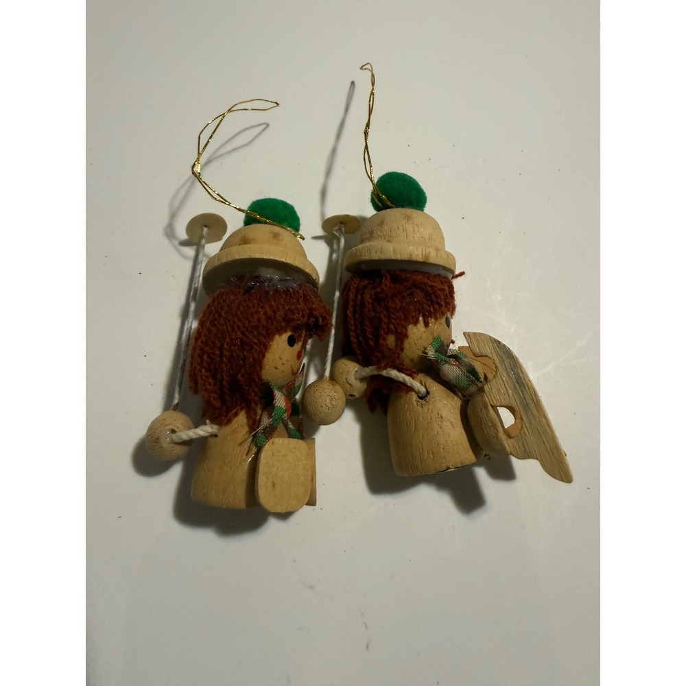 Vintage Napcoware Wooden Christmas Ornaments Set of 2 Skier Sledder Taiwan MCM